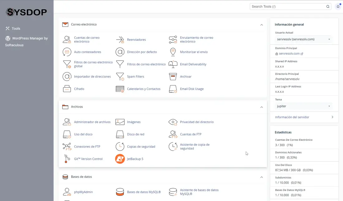 cPanel hosting dashboard